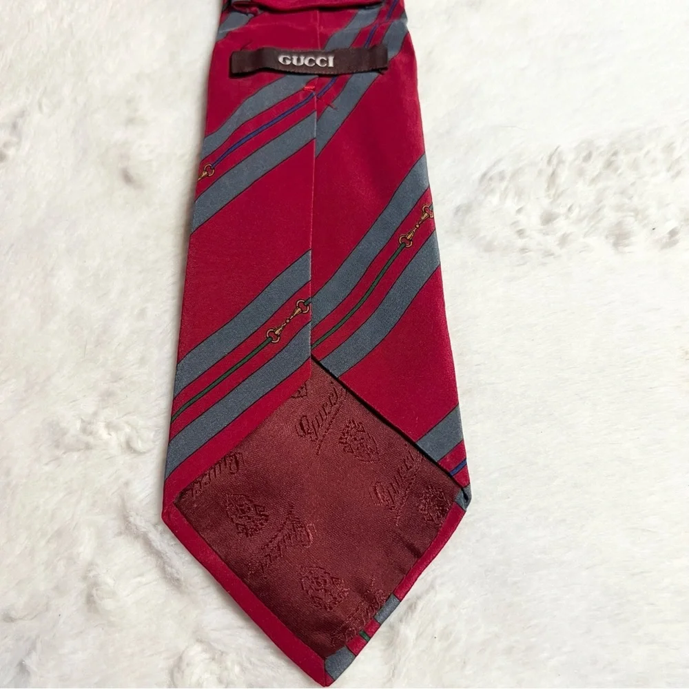 Vintage Gucci Silk Monogram Horsebit Tie Red Gray Vertical Striped Navy Gold